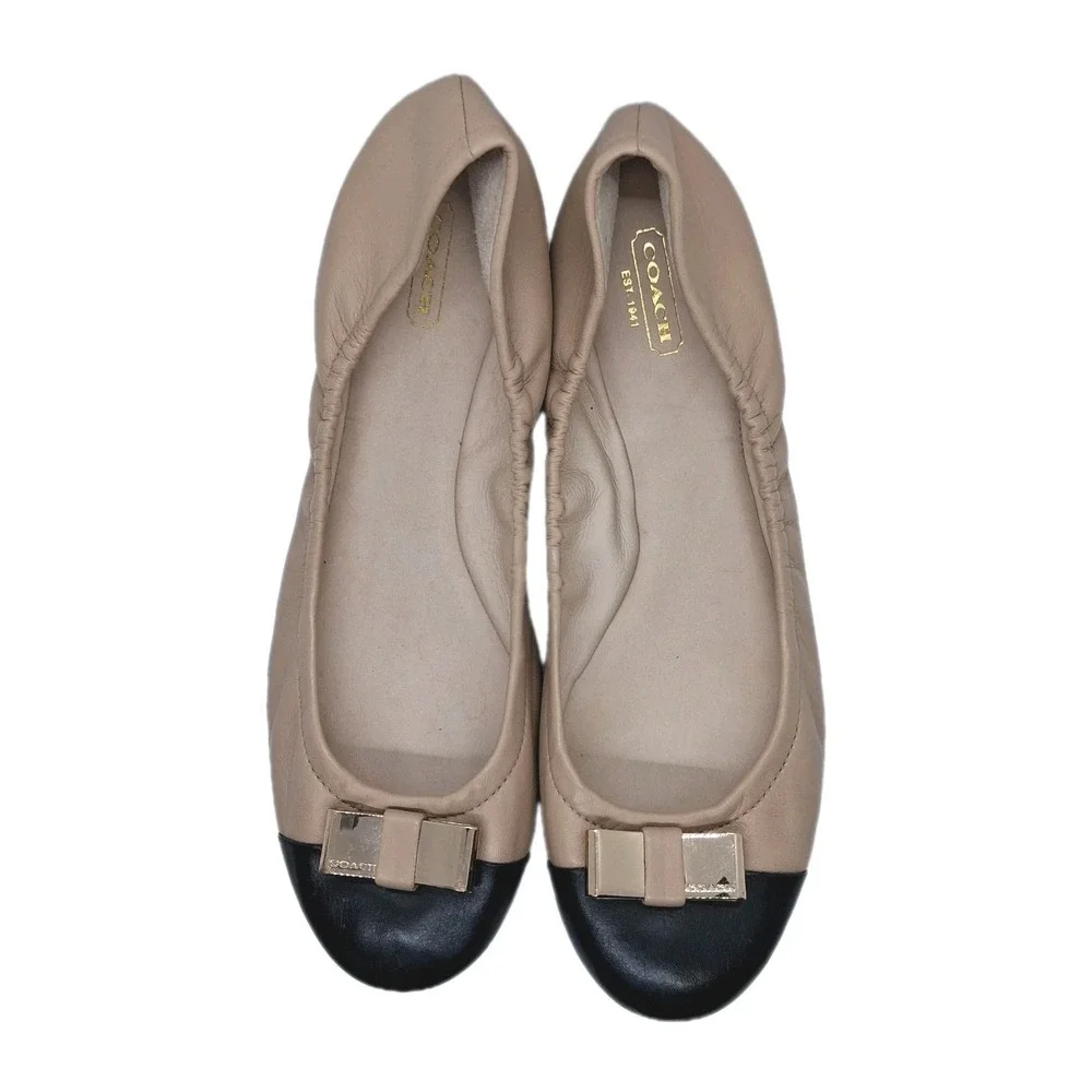 Coach DEMI Foldable Ballet Slip On Flats Size 11B Beige Black Gold Tone Bow - Picture 5 of 11